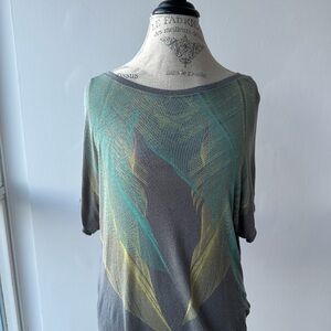 Gray Tee with Yellow and Green Feathers